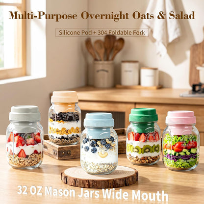 32 Oz Glass Salad Containers for Meal Prep with Dressing Cup