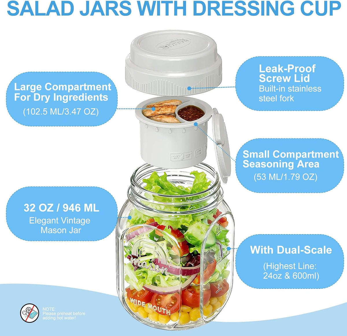 32 Oz Glass Salad Containers for Meal Prep with Dressing Cup