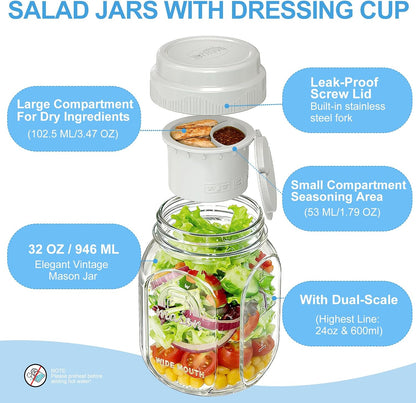 32 Oz Glass Salad Containers for Meal Prep with Dressing Cup