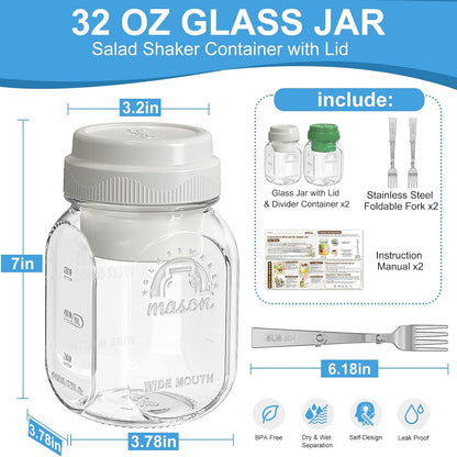 32 Oz Glass Salad Containers for Meal Prep with Dressing Cup