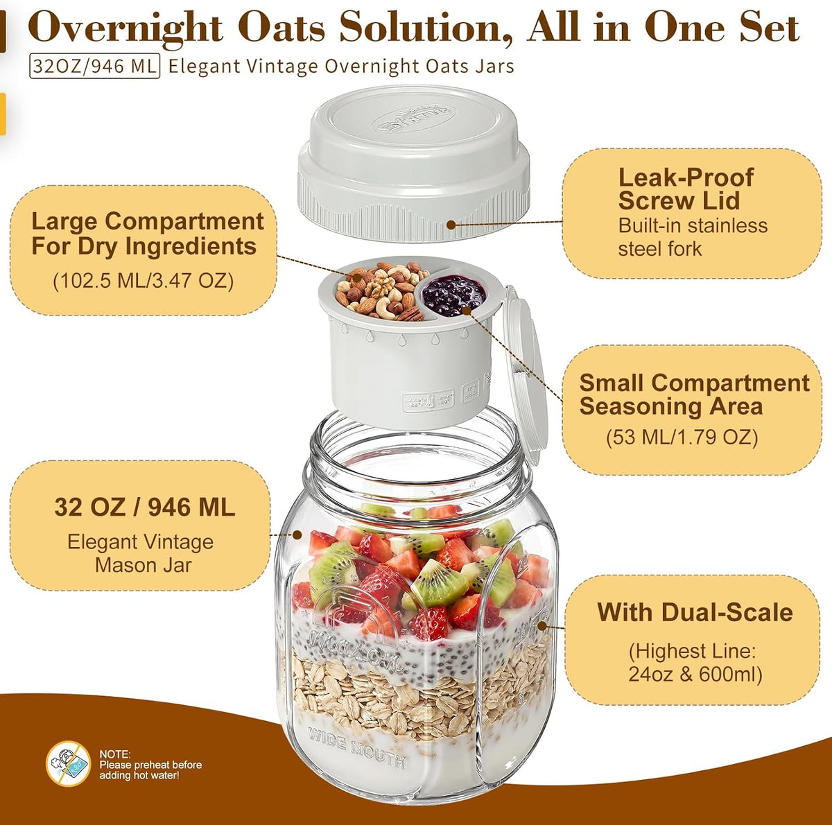 32 Oz Glass Salad Containers for Meal Prep with Dressing Cup