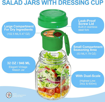 32 Oz Glass Salad Containers for Meal Prep with Dressing Cup