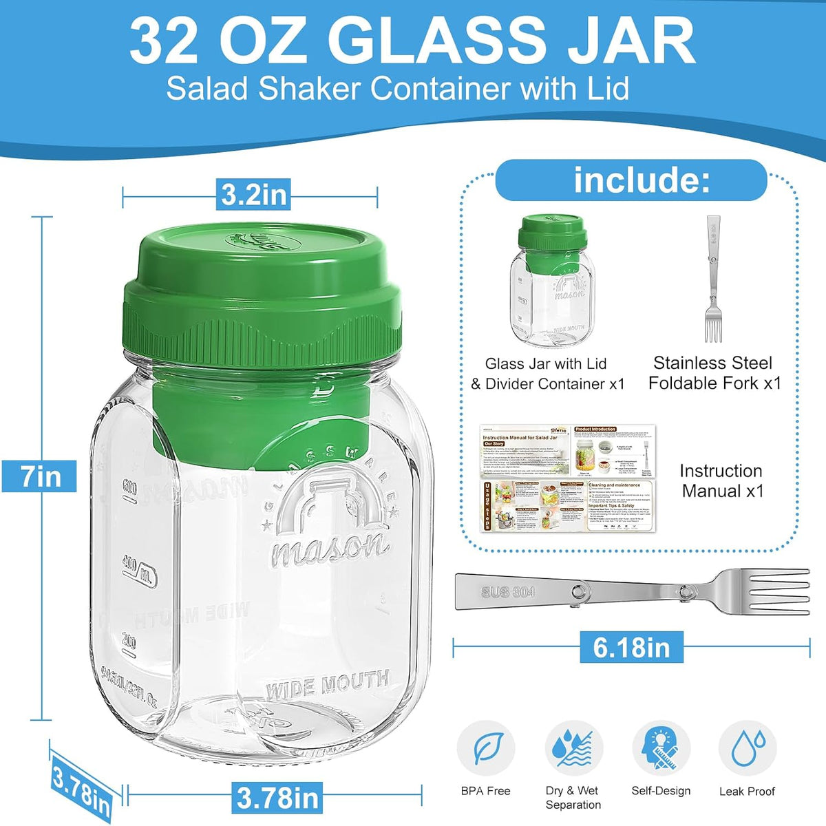 32 Oz Glass Salad Containers for Meal Prep with Dressing Cup