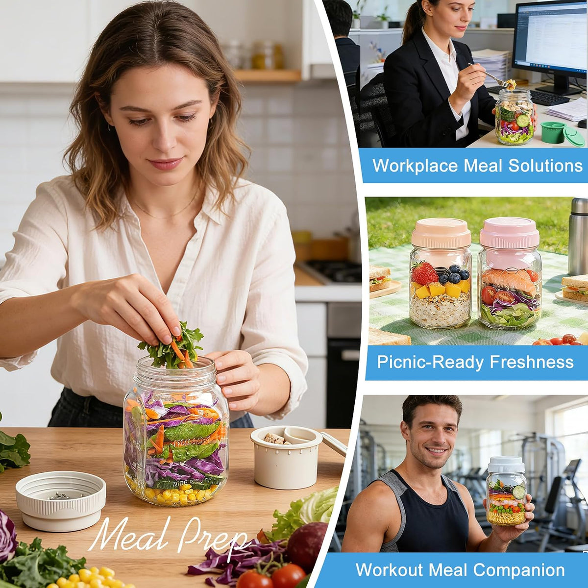 32 Oz Glass Salad Containers for Meal Prep with Dressing Cup