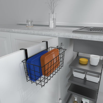 MaraFansie Basket with Hook, Grid Storage Basket, Over the Cabinet Door Organizer, Wire Hanging Basket with Hook Over the Railing, Under Sink Kitchen Cabinet, Pantry, Bathroom, Black