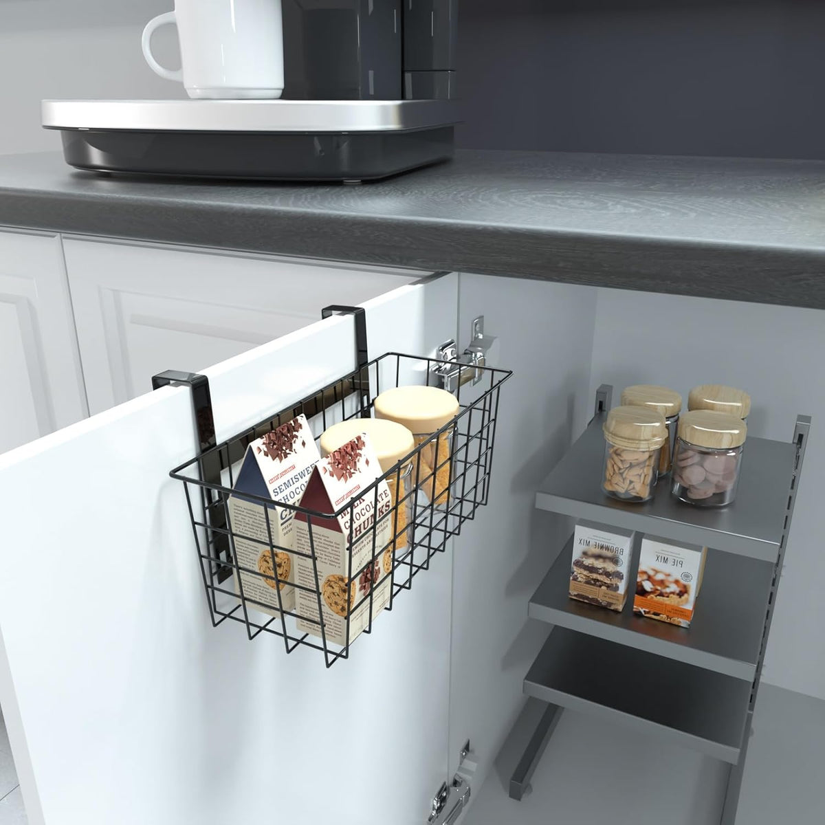 MaraFansie Basket with Hook, Grid Storage Basket, Over the Cabinet Door Organizer, Wire Hanging Basket with Hook Over the Railing, Under Sink Kitchen Cabinet, Pantry, Bathroom, Black