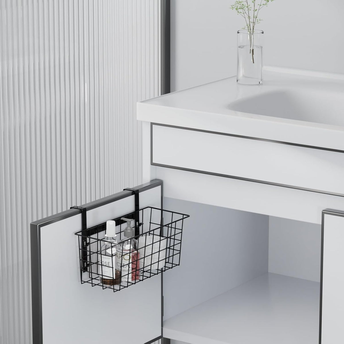 MaraFansie Basket with Hook, Grid Storage Basket, Over the Cabinet Door Organizer, Wire Hanging Basket with Hook Over the Railing, Under Sink Kitchen Cabinet, Pantry, Bathroom, Black