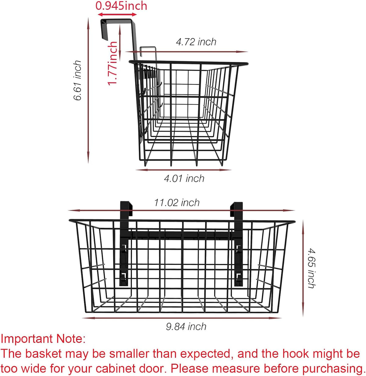 MaraFansie Basket with Hook, Grid Storage Basket, Over the Cabinet Door Organizer, Wire Hanging Basket with Hook Over the Railing, Under Sink Kitchen Cabinet, Pantry, Bathroom, Black