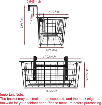 MaraFansie Basket with Hook, Grid Storage Basket, Over the Cabinet Door Organizer, Wire Hanging Basket with Hook Over the Railing, Under Sink Kitchen Cabinet, Pantry, Bathroom, Black