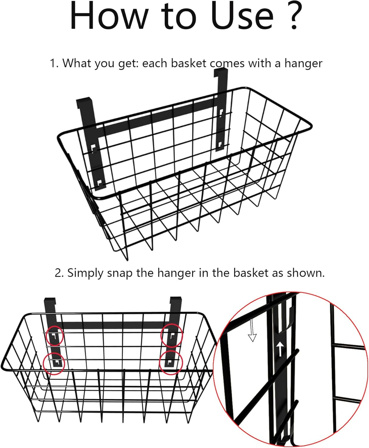 MaraFansie Basket with Hook, Grid Storage Basket, Over the Cabinet Door Organizer, Wire Hanging Basket with Hook Over the Railing, Under Sink Kitchen Cabinet, Pantry, Bathroom, Black