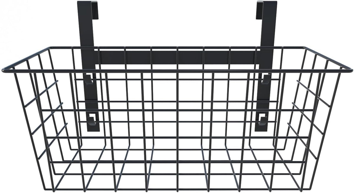 MaraFansie Basket with Hook, Grid Storage Basket, Over the Cabinet Door Organizer, Wire Hanging Basket with Hook Over the Railing, Under Sink Kitchen Cabinet, Pantry, Bathroom, Black