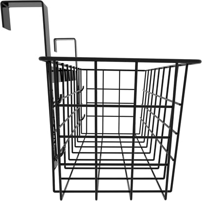 MaraFansie Basket with Hook, Grid Storage Basket, Over the Cabinet Door Organizer, Wire Hanging Basket with Hook Over the Railing, Under Sink Kitchen Cabinet, Pantry, Bathroom, Black