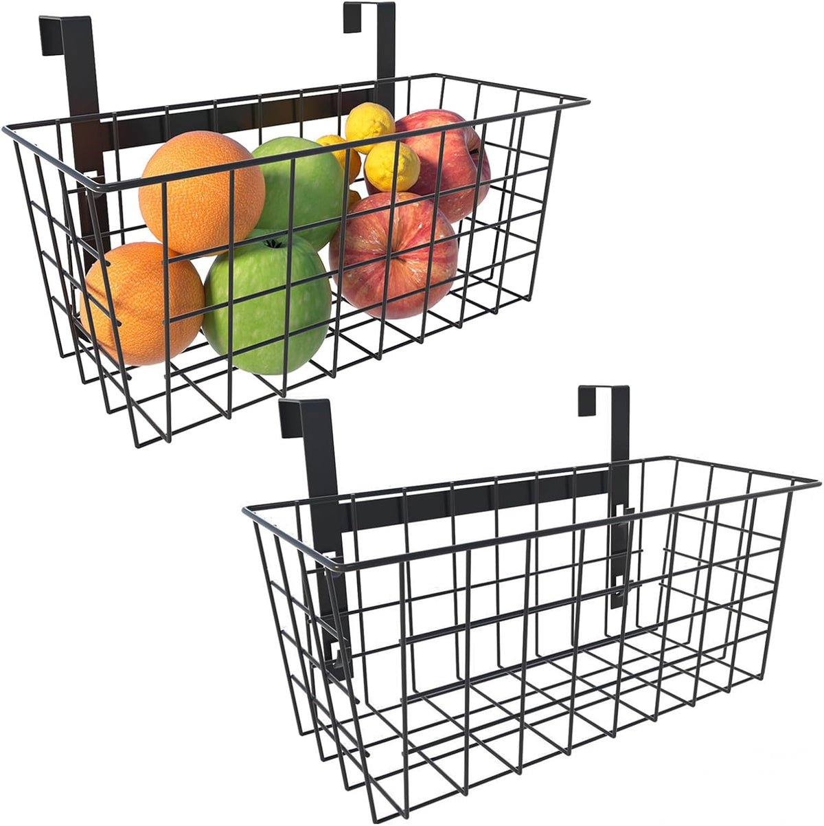 MaraFansie Basket with Hook, Grid Storage Basket, Over the Cabinet Door Organizer, Wire Hanging Basket with Hook Over the Railing, Under Sink Kitchen Cabinet, Pantry, Bathroom, Black
