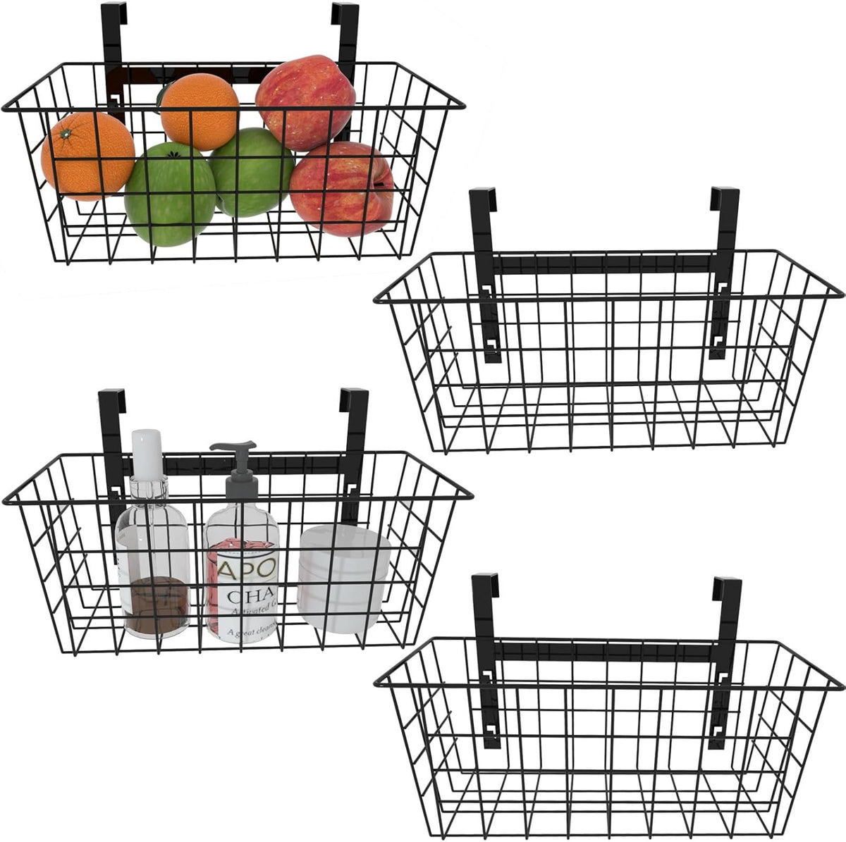 MaraFansie Basket with Hook, Grid Storage Basket, Over the Cabinet Door Organizer, Wire Hanging Basket with Hook Over the Railing, Under Sink Kitchen Cabinet, Pantry, Bathroom, Black