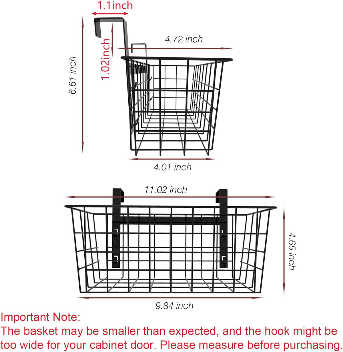 MaraFansie Basket with Hook, Grid Storage Basket, Over the Cabinet Door Organizer, Wire Hanging Basket with Hook Over the Railing, Under Sink Kitchen Cabinet, Pantry, Bathroom, Black
