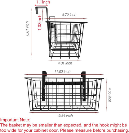 MaraFansie Basket with Hook, Grid Storage Basket, Over the Cabinet Door Organizer, Wire Hanging Basket with Hook Over the Railing, Under Sink Kitchen Cabinet, Pantry, Bathroom, Black