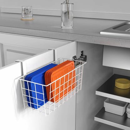 MaraFansie Basket with Hook, Grid Storage Basket, Over the Cabinet Door Organizer, Wire Hanging Basket with Hook Over the Railing, Under Sink Kitchen Cabinet, Pantry, Bathroom, Black