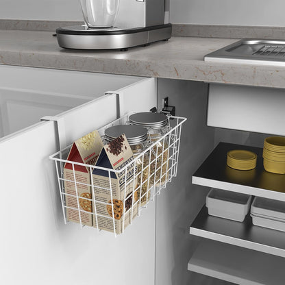 MaraFansie Basket with Hook, Grid Storage Basket, Over the Cabinet Door Organizer, Wire Hanging Basket with Hook Over the Railing, Under Sink Kitchen Cabinet, Pantry, Bathroom, Black