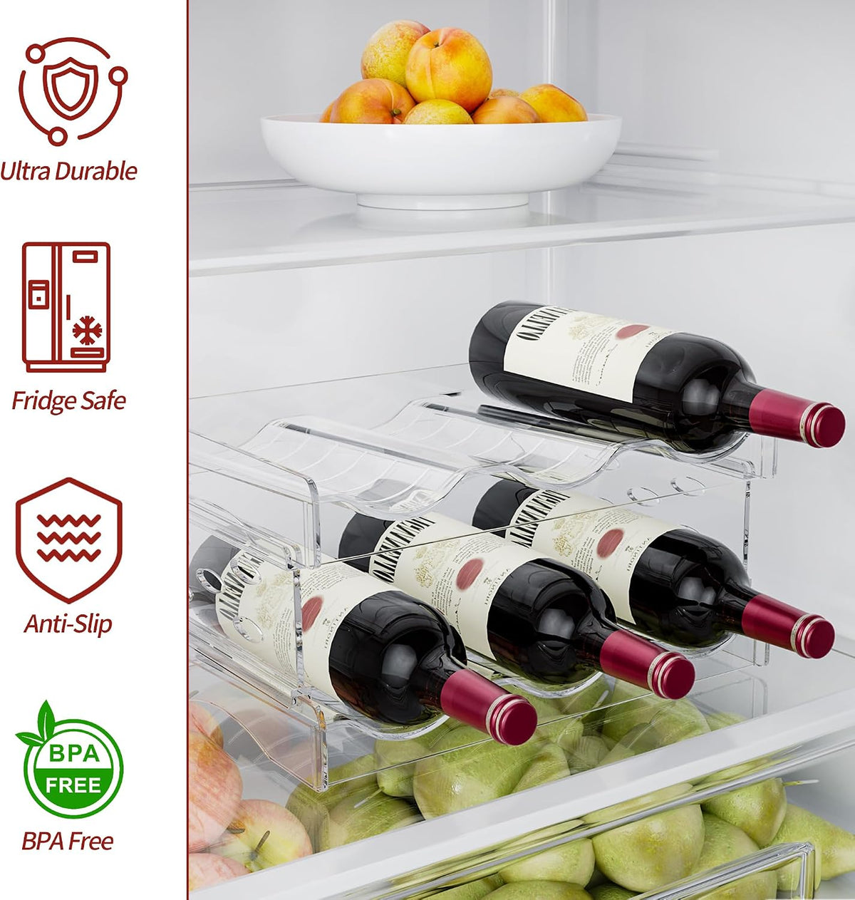 Wine Rack, 4 Tier Water Bottle Organizer for Cabinet (12 Bottles) | Clear Freestanding Wine Bottle Holder for Cabinet, Fridge, Pantry, Wine Rack for Inside Cabinet, Refrigerator, Countertop