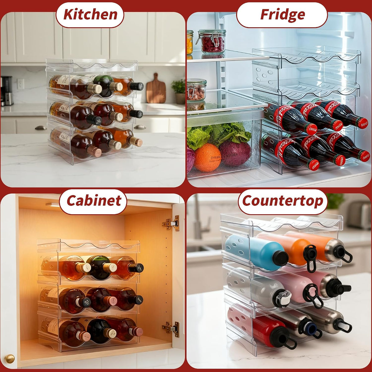 Wine Rack, 4 Tier Water Bottle Organizer for Cabinet (12 Bottles) | Clear Freestanding Wine Bottle Holder for Cabinet, Fridge, Pantry, Wine Rack for Inside Cabinet, Refrigerator, Countertop