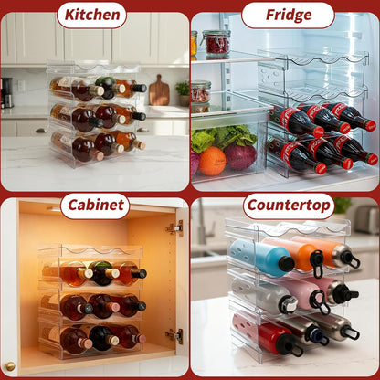 Wine Rack, 4 Tier Water Bottle Organizer for Cabinet (12 Bottles) | Clear Freestanding Wine Bottle Holder for Cabinet, Fridge, Pantry, Wine Rack for Inside Cabinet, Refrigerator, Countertop