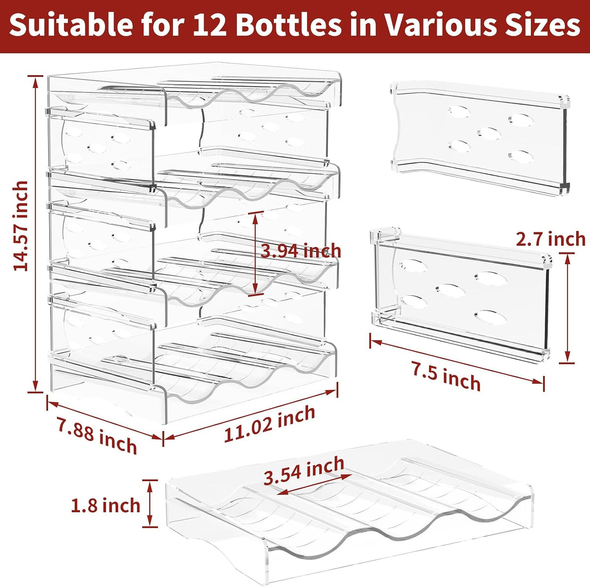 Wine Rack, 4 Tier Water Bottle Organizer for Cabinet (12 Bottles) | Clear Freestanding Wine Bottle Holder for Cabinet, Fridge, Pantry, Wine Rack for Inside Cabinet, Refrigerator, Countertop
