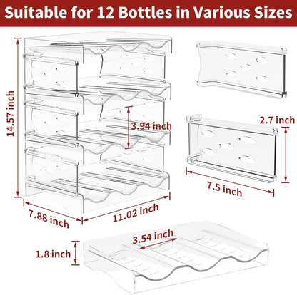 Wine Rack, 4 Tier Water Bottle Organizer for Cabinet (12 Bottles) | Clear Freestanding Wine Bottle Holder for Cabinet, Fridge, Pantry, Wine Rack for Inside Cabinet, Refrigerator, Countertop