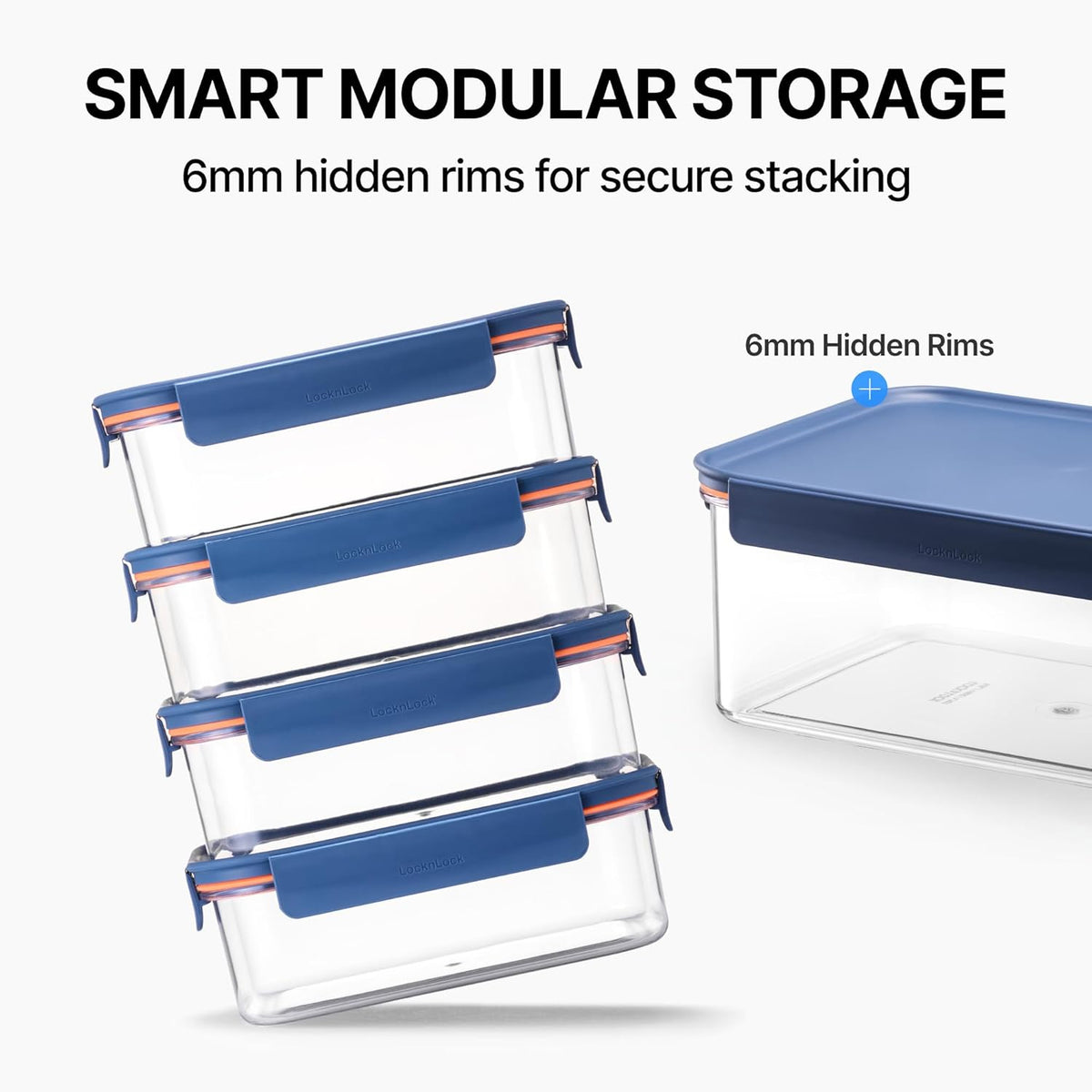 Tritan Plastic Bisfree Modular Plus Food Storage Container Set, Lunch, Meal Prep, Stackable, BPA-Free, Leakproof, Freezer-Safe, 4 Pieces, 2 Boxes and 2 Lids, Navy, 2.1L