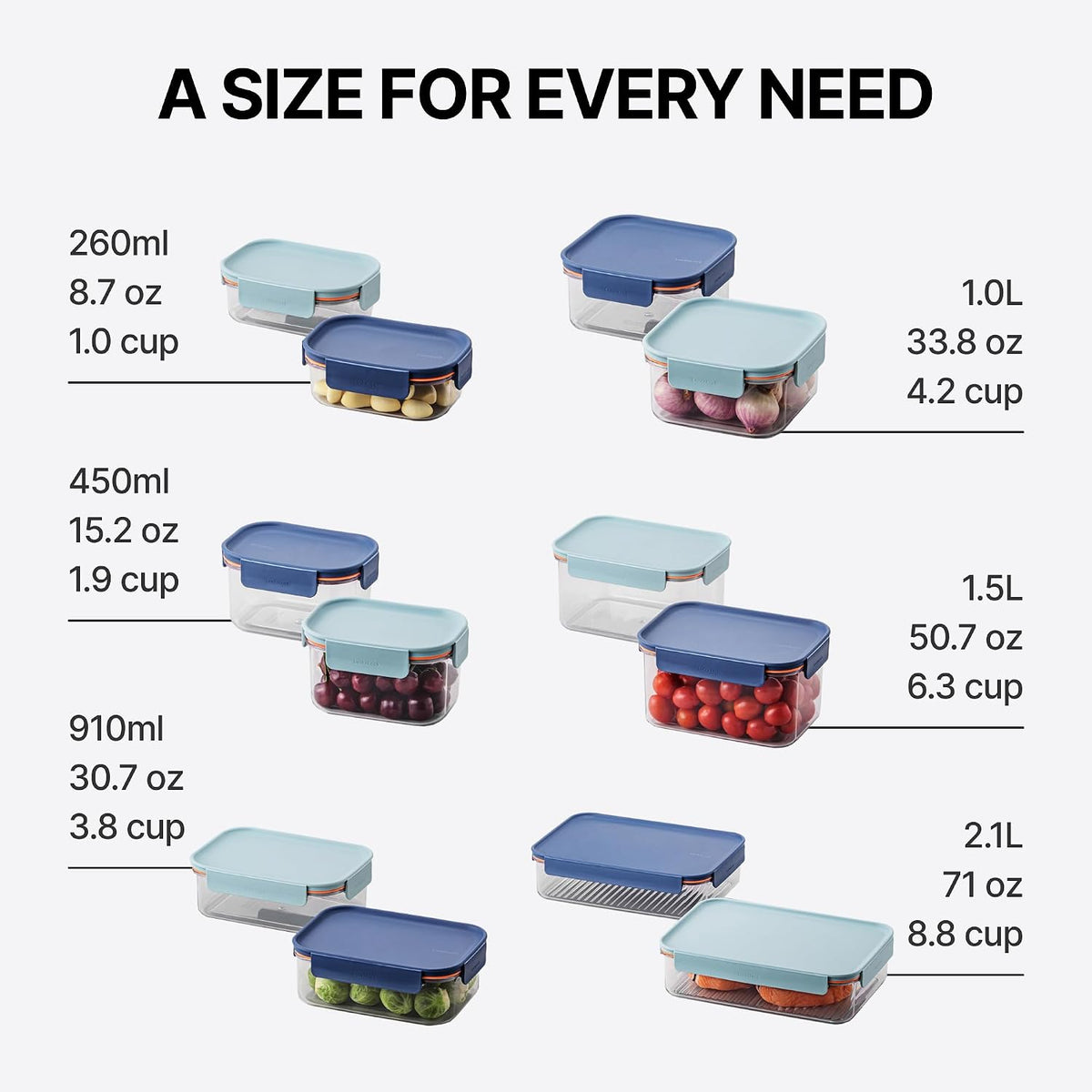 Tritan Plastic Bisfree Modular Plus Food Storage Container Set, Lunch, Meal Prep, Stackable, BPA-Free, Leakproof, Freezer-Safe, 4 Pieces, 2 Boxes and 2 Lids, Navy, 2.1L