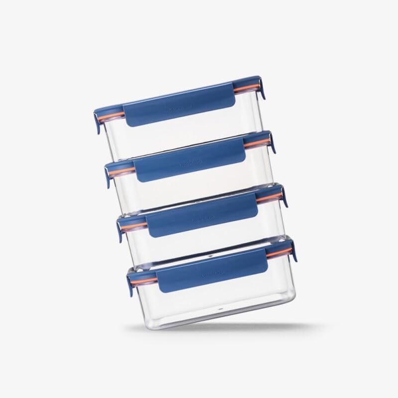 Tritan Plastic Bisfree Modular Plus Food Storage Container Set, Lunch, Meal Prep, Stackable, BPA-Free, Leakproof, Freezer-Safe, 4 Pieces, 2 Boxes and 2 Lids, Navy, 2.1L