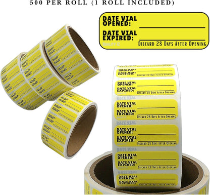 Date Vial Opened Date Vial Expired Labels, Yellow 1.5" x 0.5", by Quality IZ (500/roll, 1 Roll)