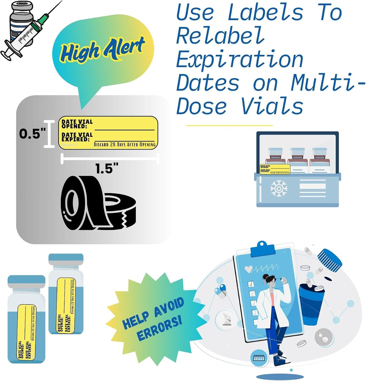 Date Vial Opened Date Vial Expired Labels, Yellow 1.5" x 0.5", by Quality IZ (500/roll, 1 Roll)