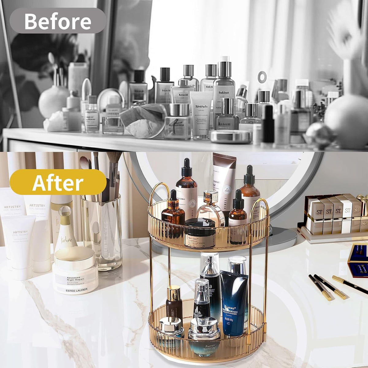 360 Rotating Makeup Organizer for Vanity,2 Tier Large Capacity Skincare Organizers,Bathroom Counter Organizer, Spinning Perfume Organizer & Vanity Organizer (Green-2 Tier)