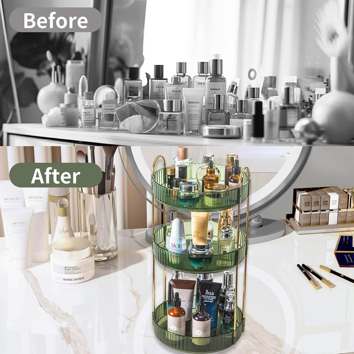 360 Rotating Makeup Organizer for Vanity,2 Tier Large Capacity Skincare Organizers,Bathroom Counter Organizer, Spinning Perfume Organizer & Vanity Organizer (Green-2 Tier)