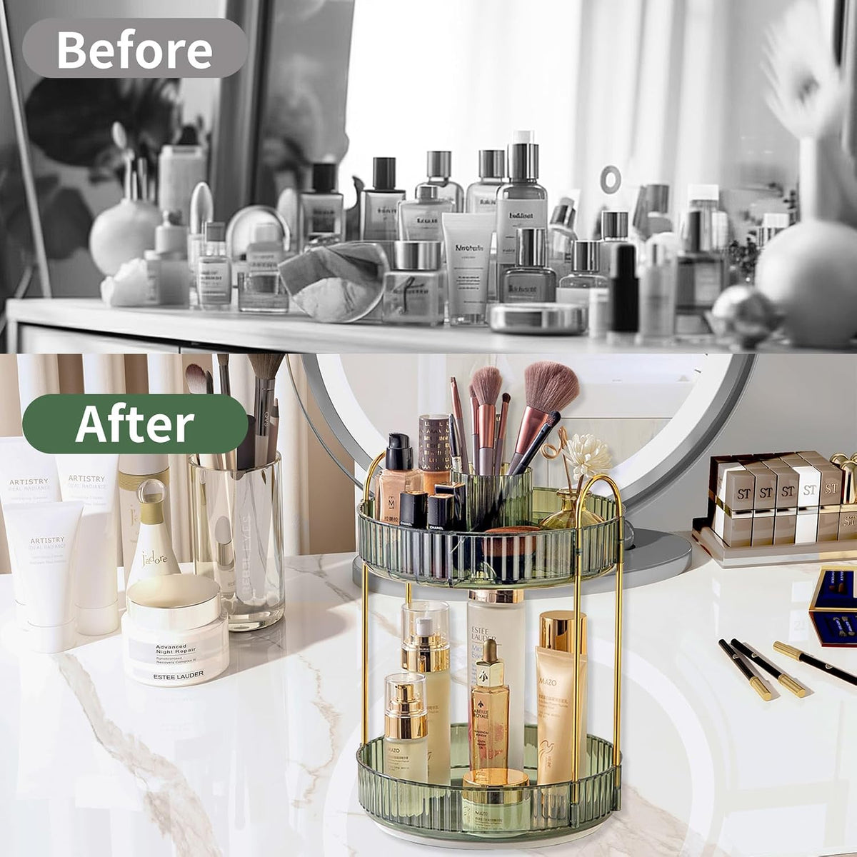 360 Rotating Makeup Organizer for Vanity,2 Tier Large Capacity Skincare Organizers,Bathroom Counter Organizer, Spinning Perfume Organizer & Vanity Organizer (Green-2 Tier)