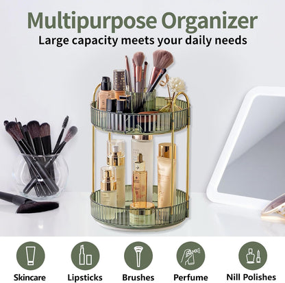 360 Rotating Makeup Organizer for Vanity,2 Tier Large Capacity Skincare Organizers,Bathroom Counter Organizer, Spinning Perfume Organizer & Vanity Organizer (Green-2 Tier)