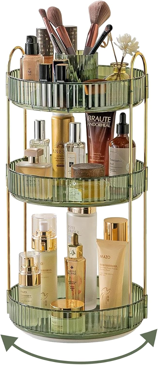 360 Rotating Makeup Organizer for Vanity,2 Tier Large Capacity Skincare Organizers,Bathroom Counter Organizer, Spinning Perfume Organizer & Vanity Organizer (Green-2 Tier)