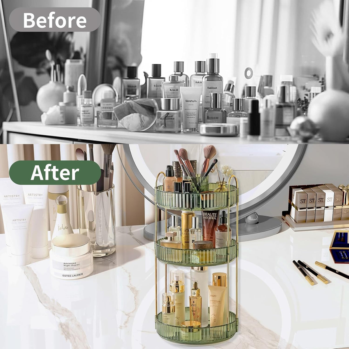 360 Rotating Makeup Organizer for Vanity,2 Tier Large Capacity Skincare Organizers,Bathroom Counter Organizer, Spinning Perfume Organizer & Vanity Organizer (Green-2 Tier)