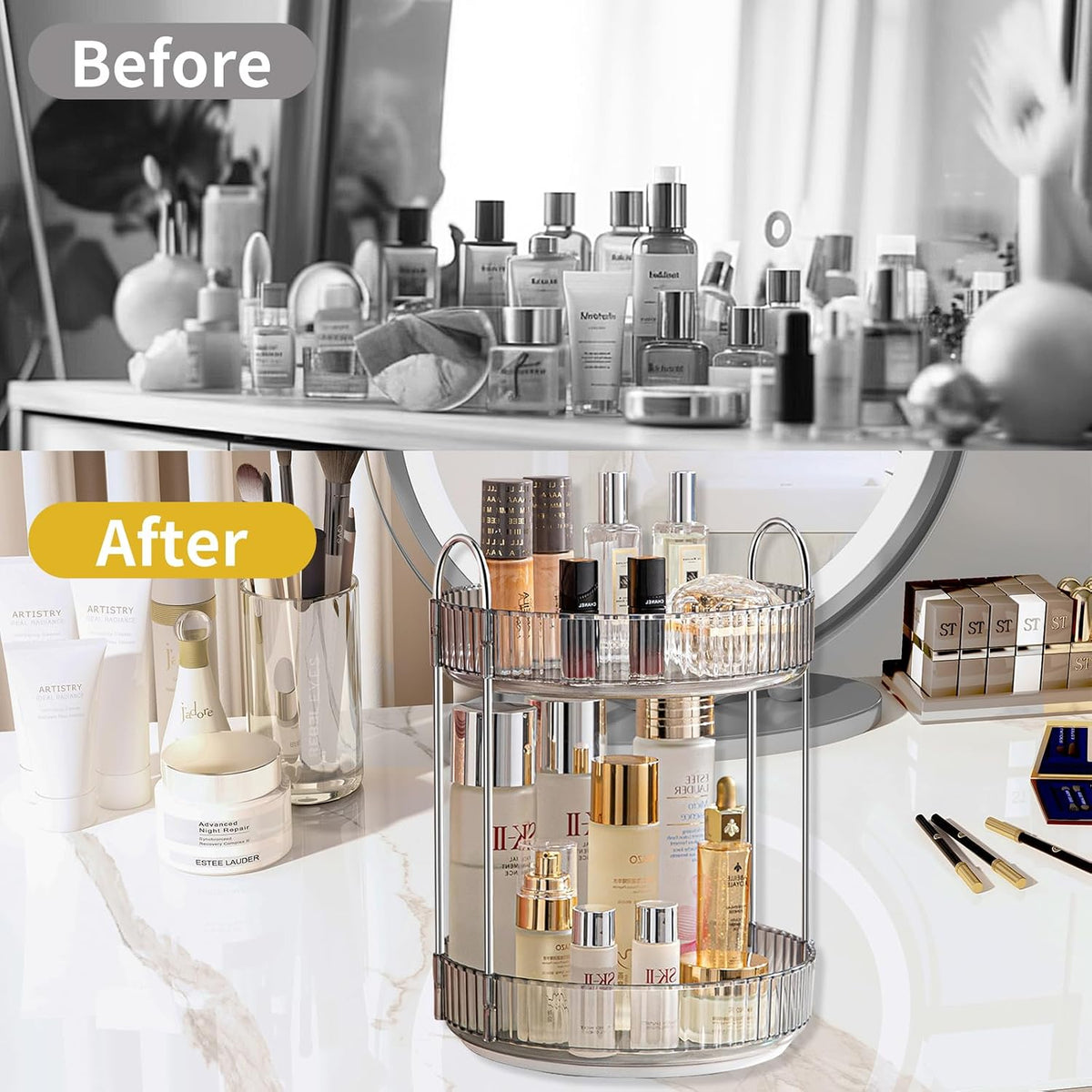 360 Rotating Makeup Organizer for Vanity,2 Tier Large Capacity Skincare Organizers,Bathroom Counter Organizer, Spinning Perfume Organizer & Vanity Organizer (Green-2 Tier)