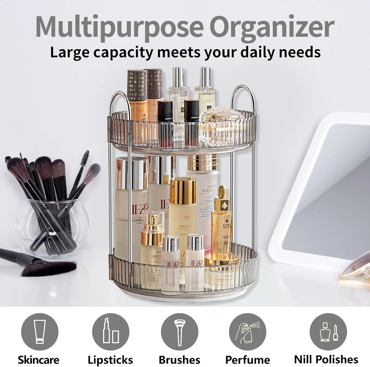 360 Rotating Makeup Organizer for Vanity,2 Tier Large Capacity Skincare Organizers,Bathroom Counter Organizer, Spinning Perfume Organizer & Vanity Organizer (Green-2 Tier)