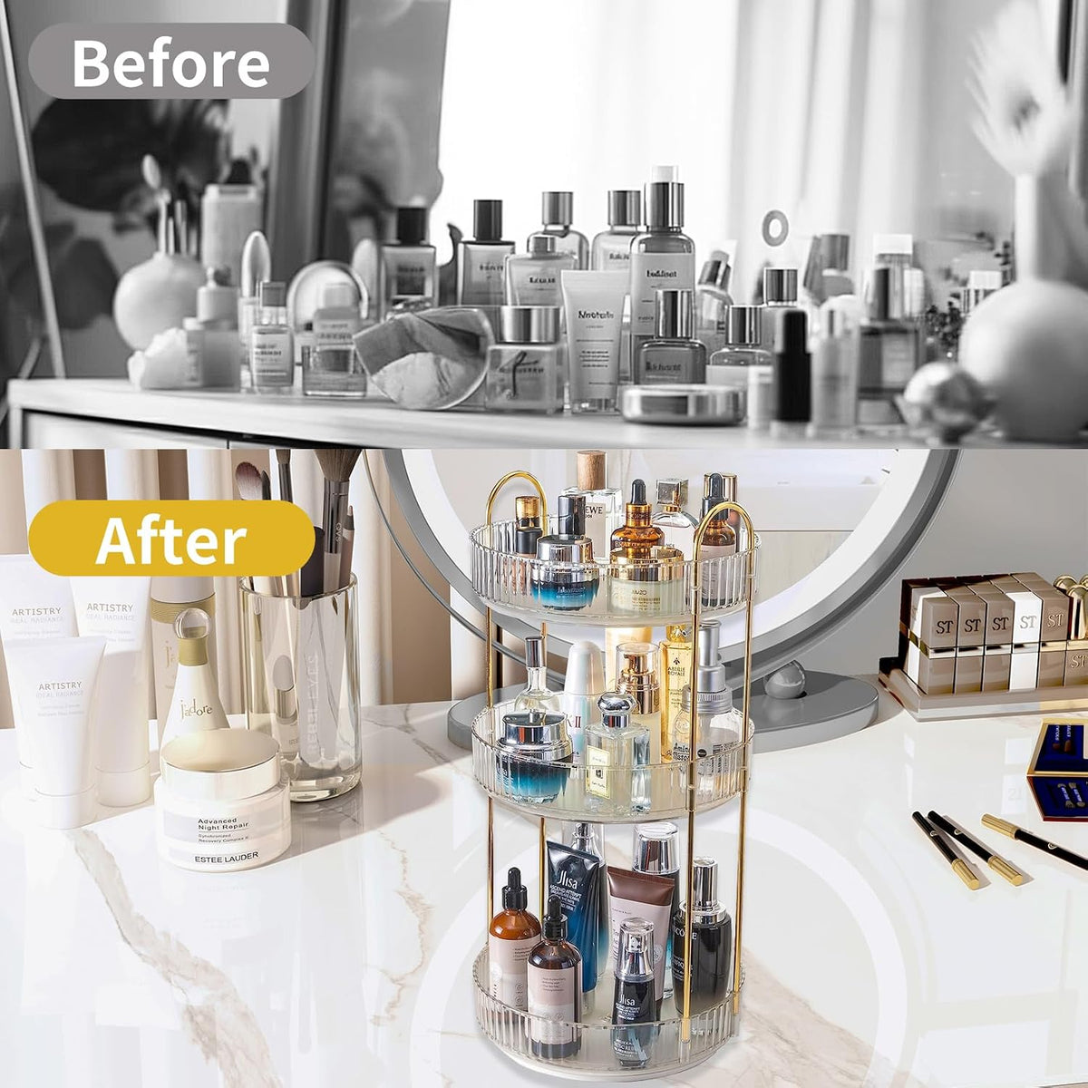 360 Rotating Makeup Organizer for Vanity,2 Tier Large Capacity Skincare Organizers,Bathroom Counter Organizer, Spinning Perfume Organizer & Vanity Organizer (Green-2 Tier)