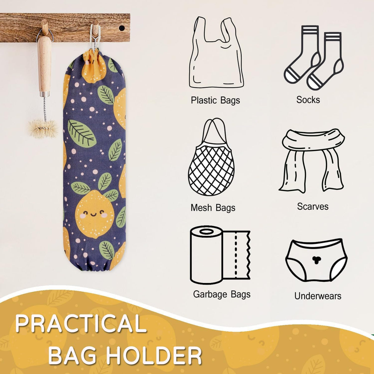 Plastic Bag Holder, Reusable Grocery Bag Holder for Plastic Bags Groceries Store, Flower Canvas Trash Plastic Bag Organizer Storage Holders for Home Kitchen Pantry Decor (Yellow Sunflower)