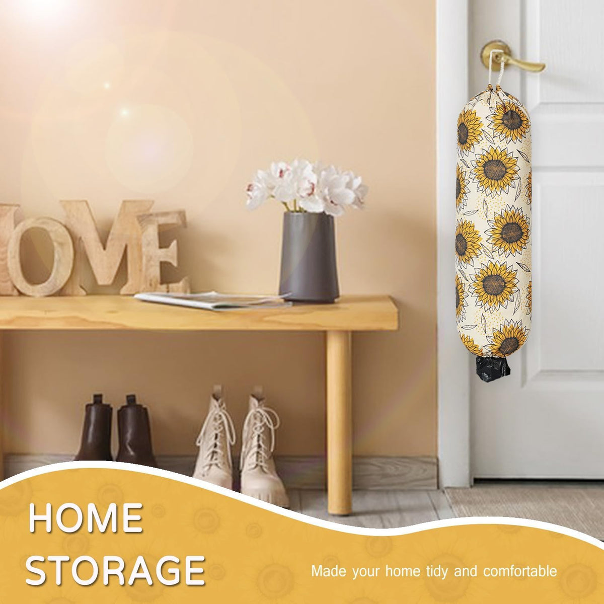 Plastic Bag Holder, Reusable Grocery Bag Holder for Plastic Bags Groceries Store, Flower Canvas Trash Plastic Bag Organizer Storage Holders for Home Kitchen Pantry Decor (Yellow Sunflower)