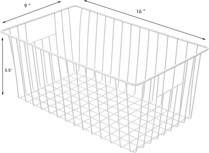 16inch Farmhouse Freezer Wire Baskets Organizer Storage Bins Large Organizer Baskets with Handles for Storage, Office, Kitchen, Pantry, Cabinet, Closets - Set of 6 (White 6)