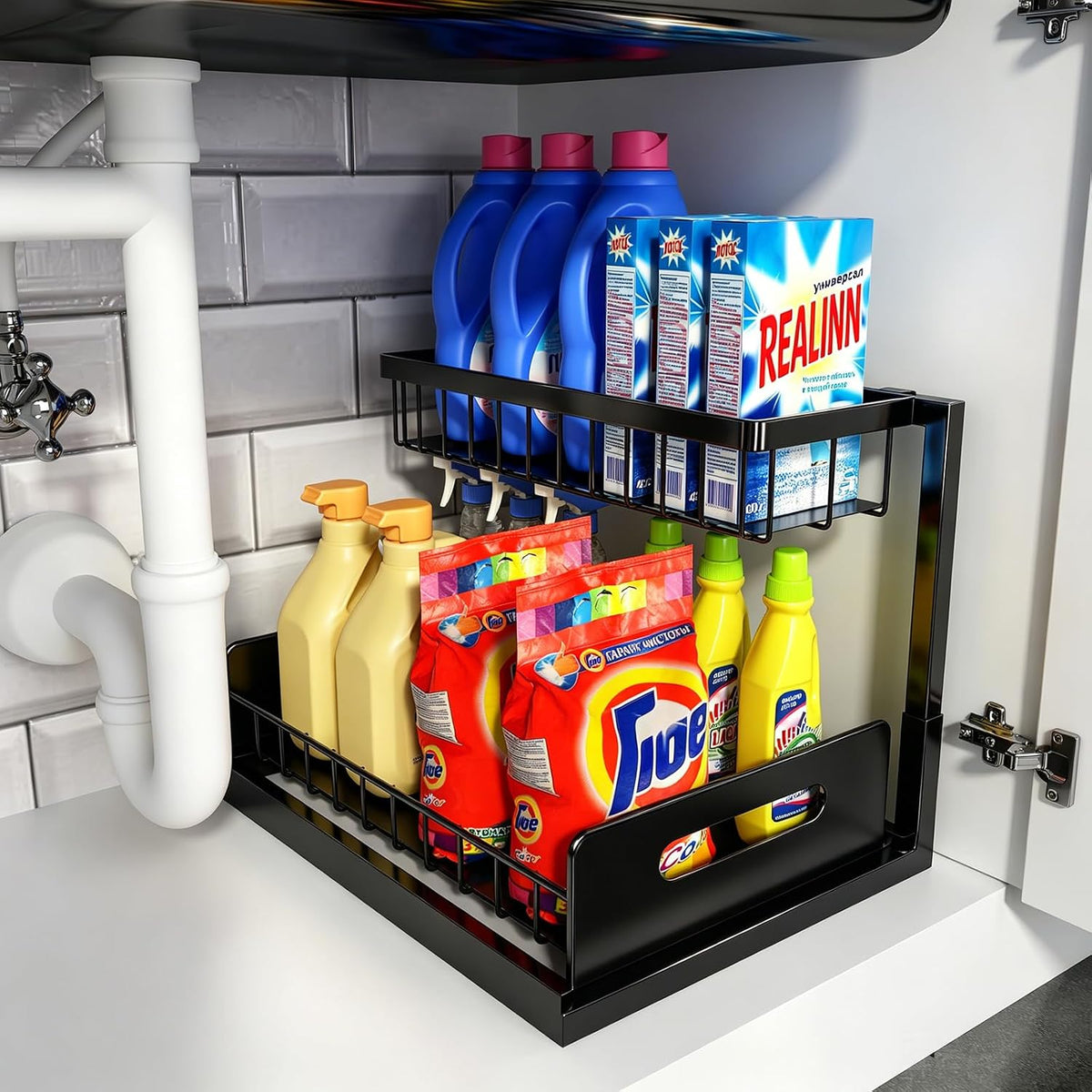 Under Sink Organizer, L-Shaped Pull Out Cabinet Organizer, Kitchen | 2 Tier Metal Slide Out Shelf for Kitchen, Bathroom, Laundry, and Utility Cabinet Storage for Deep Cabinets, Black