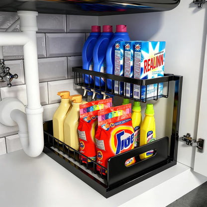 Under Sink Organizer, L-Shaped Pull Out Cabinet Organizer, Kitchen | 2 Tier Metal Slide Out Shelf for Kitchen, Bathroom, Laundry, and Utility Cabinet Storage for Deep Cabinets, Black