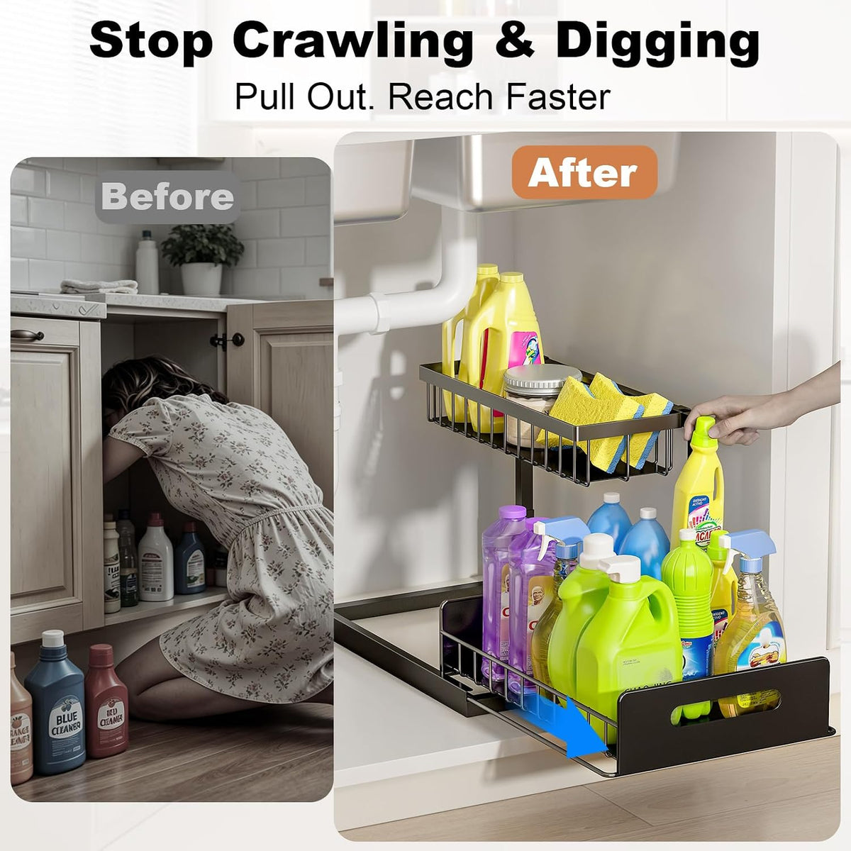 Under Sink Organizer, L-Shaped Pull Out Cabinet Organizer, Kitchen | 2 Tier Metal Slide Out Shelf for Kitchen, Bathroom, Laundry, and Utility Cabinet Storage for Deep Cabinets, Black