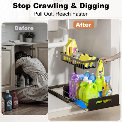 Under Sink Organizer, L-Shaped Pull Out Cabinet Organizer, Kitchen | 2 Tier Metal Slide Out Shelf for Kitchen, Bathroom, Laundry, and Utility Cabinet Storage for Deep Cabinets, Black