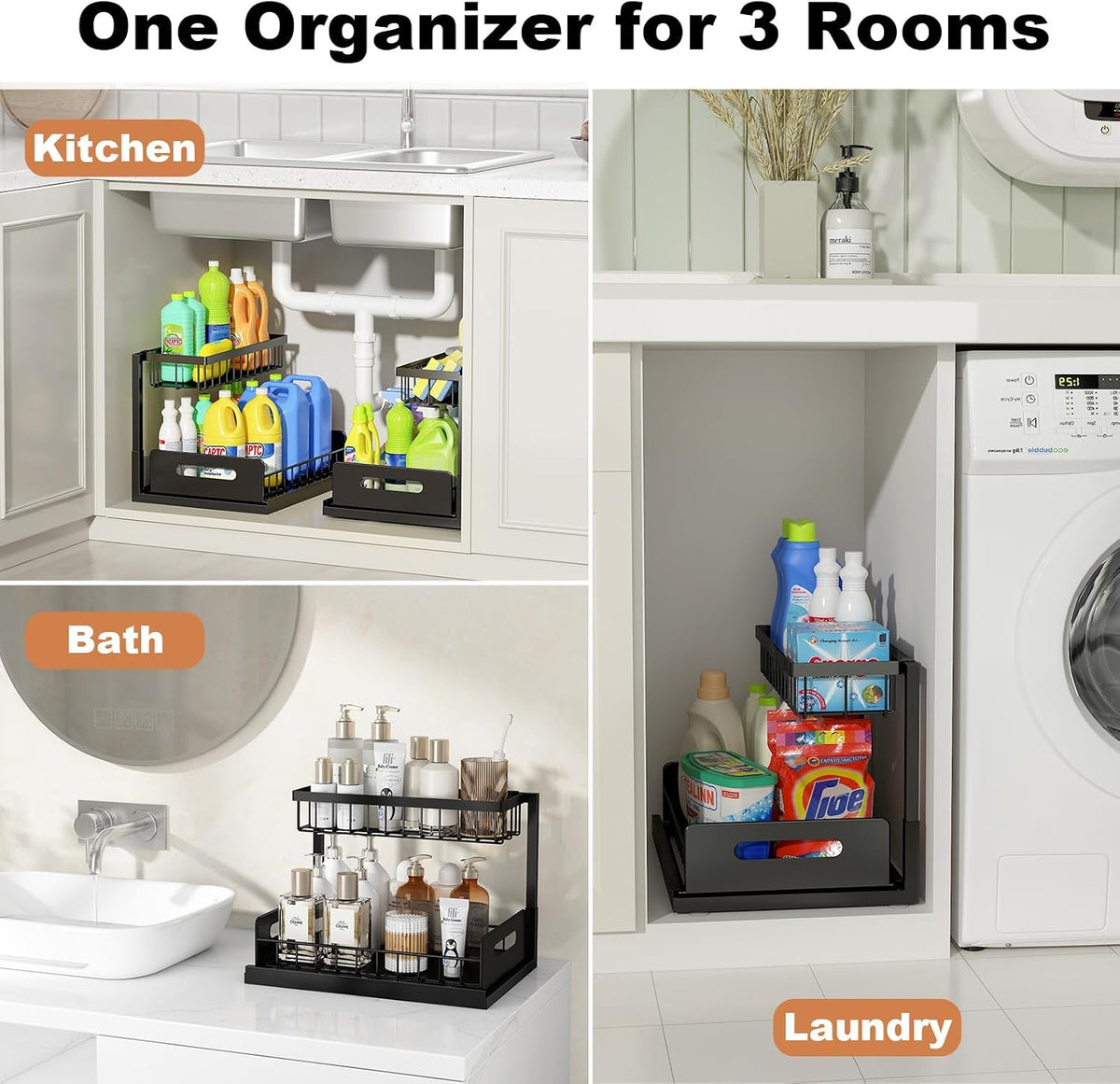Under Sink Organizer, L-Shaped Pull Out Cabinet Organizer, Kitchen | 2 Tier Metal Slide Out Shelf for Kitchen, Bathroom, Laundry, and Utility Cabinet Storage for Deep Cabinets, Black