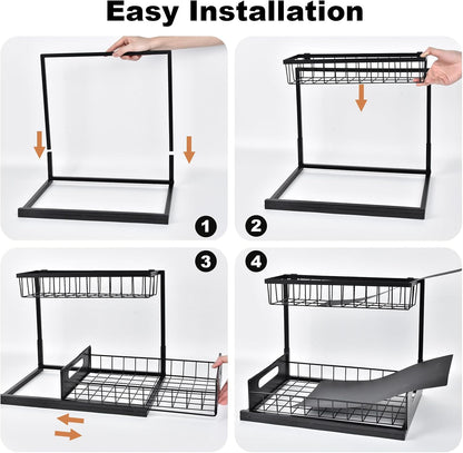 Under Sink Organizer, L-Shaped Pull Out Cabinet Organizer, Kitchen | 2 Tier Metal Slide Out Shelf for Kitchen, Bathroom, Laundry, and Utility Cabinet Storage for Deep Cabinets, Black